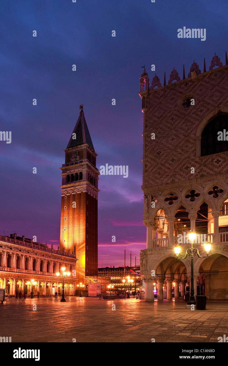 Palazzo Ducale palace and Piazza San Marco square at the dusk, Venice, Veneto, Italy, Europe Stock Photo