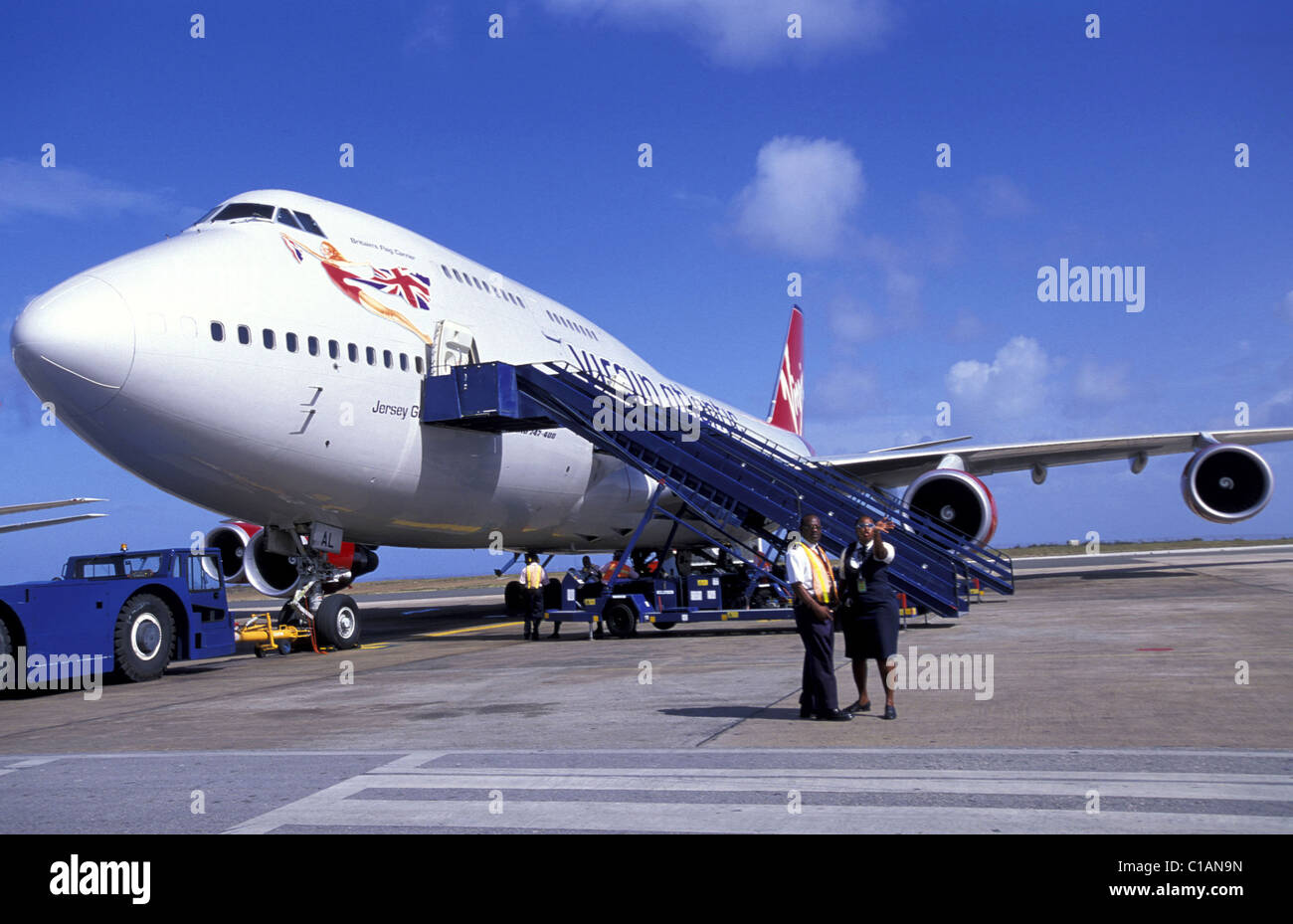 Barbados, Boeing 747 on the runway at Bridgetown airport Stock Photo