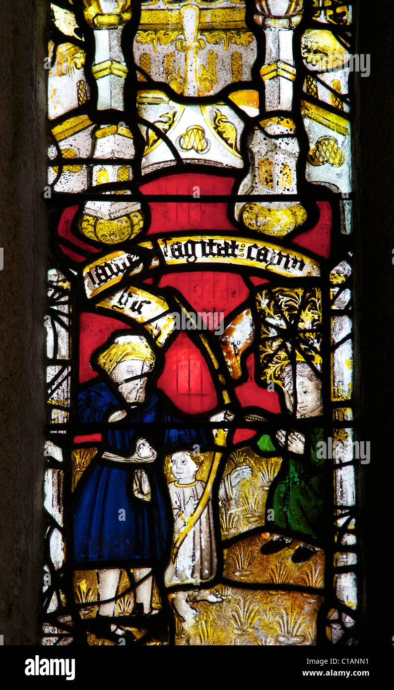 Detail of medieval english stained glass St Neot Bodmin Moor Cornwall