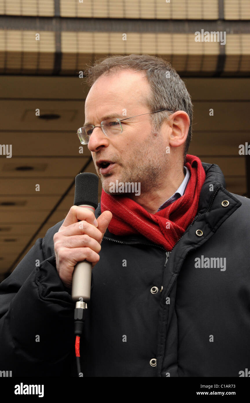 Labour mp Paul Blomfield adresses the crowd at the Rage against the Lib Dems protest outside Sheffield City Hall,  12/03/2011 Stock Photo