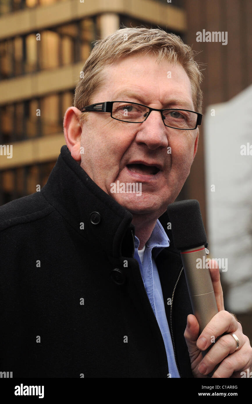 Unite Union leader Len McCluskey speaking at the 'Rage against the Lib Dems protest outside Sheffield City Hall, 12th March 2011 Stock Photo