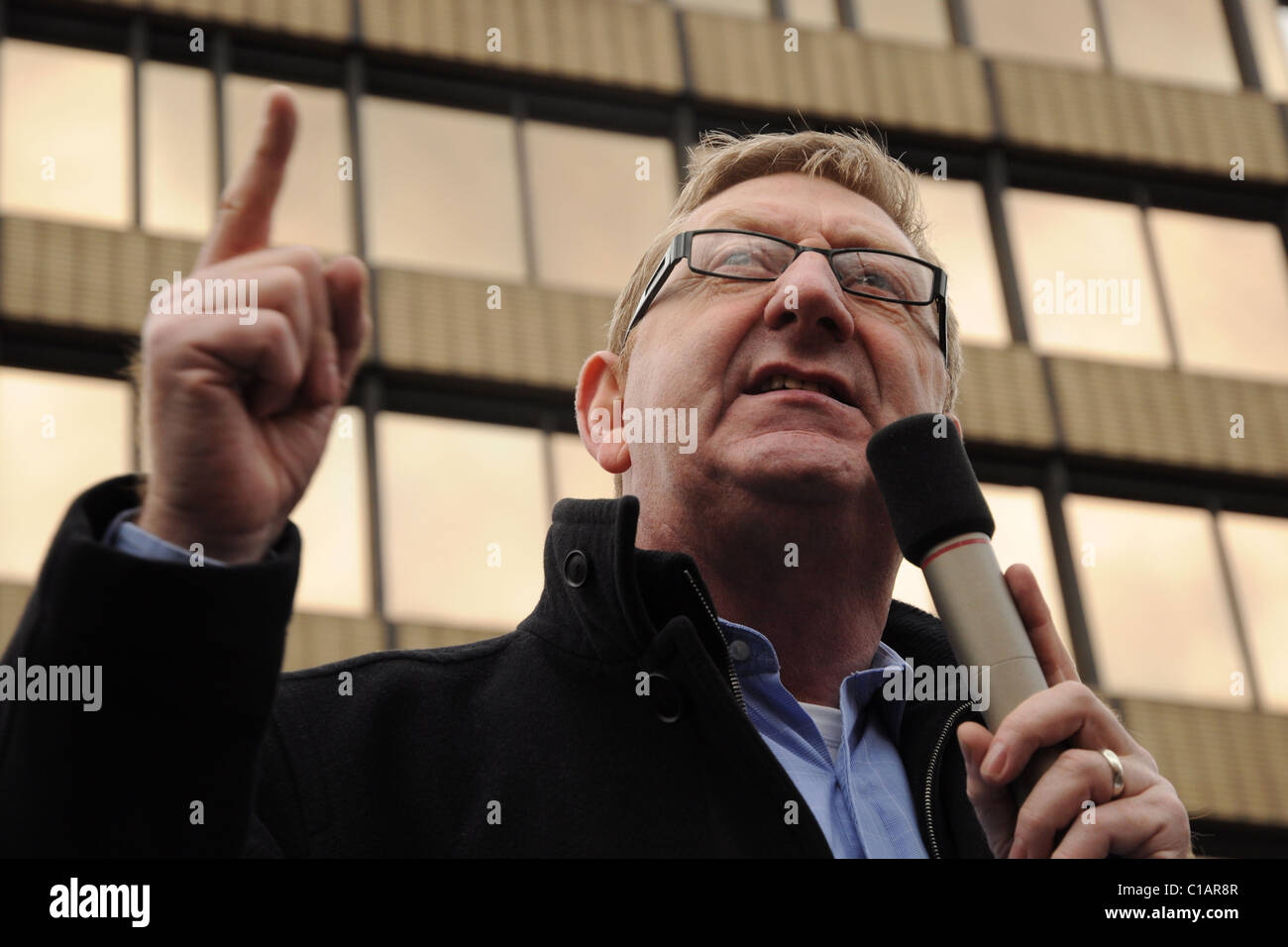 Unite the Union leader Len McCluskey adresses the crowd at the 'rage against the Lib Dems' protest outside Sheffield City Hall, Stock Photo