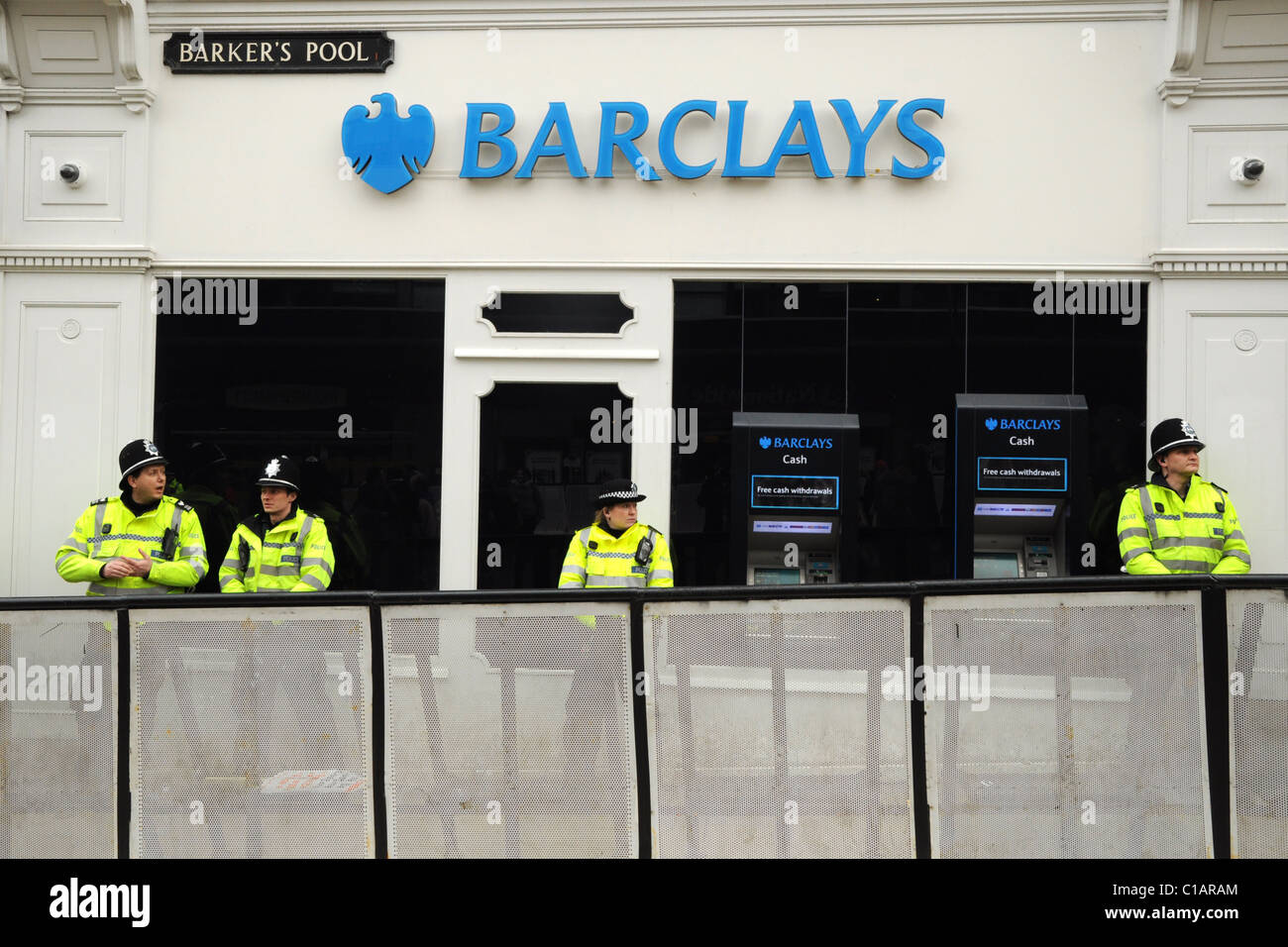 police guard barclays bank during the rage against the lib dem conference, sheffield, saturday 12th March 2011 Stock Photo