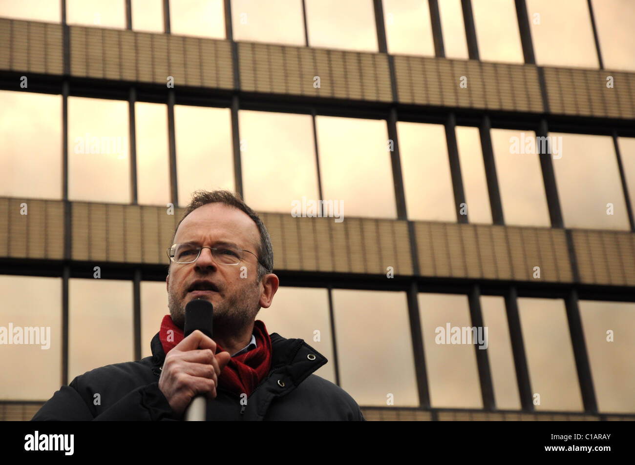 labour mp paul blomfield adresses the crowd at the 'rage against the lib dems' protest, sheffield , saturday 12 march 2011 Stock Photo