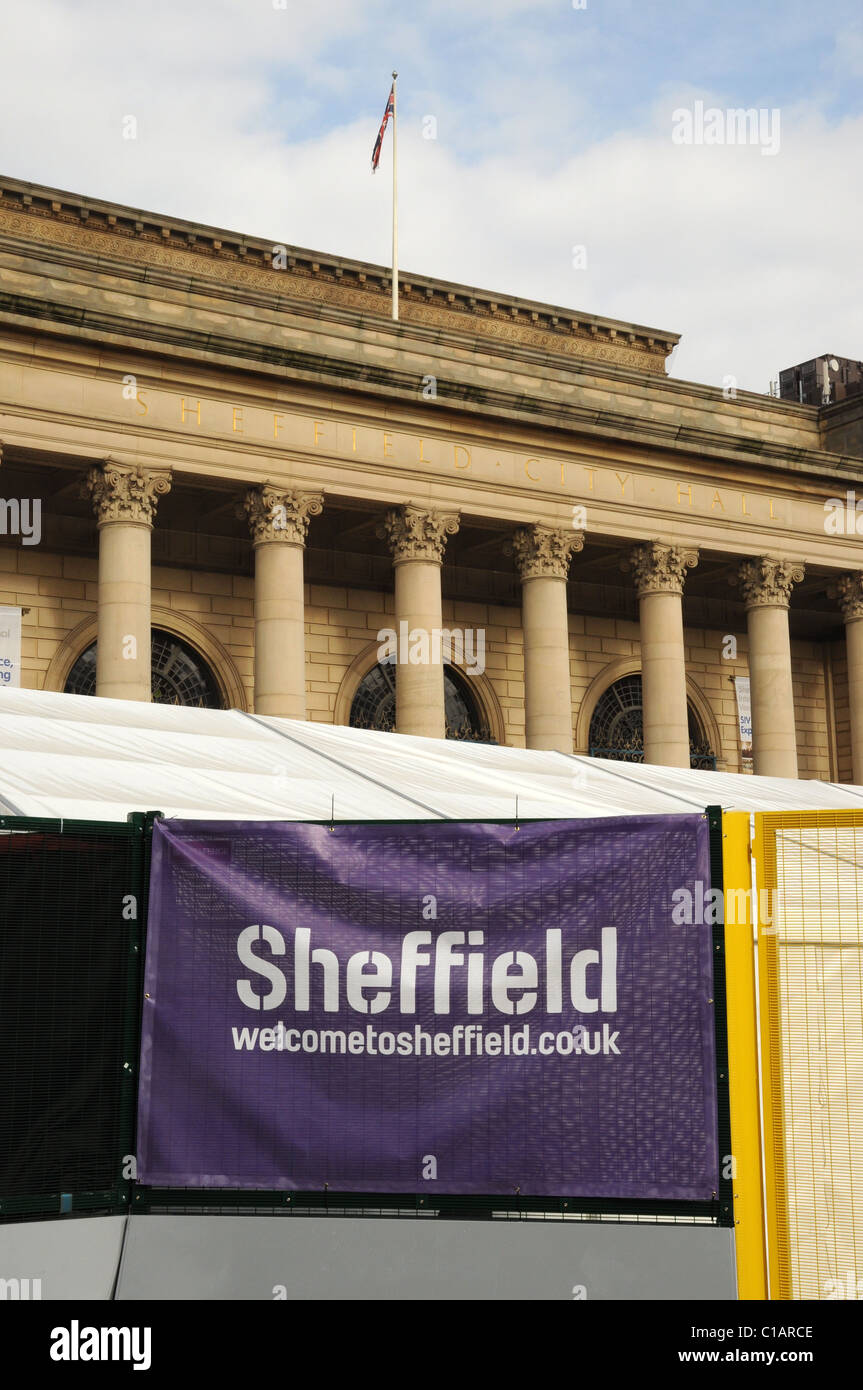 welcome to sheffield bannner outside sheffield city hall during ther libdem conference,saturday 12th march 2011 Stock Photo