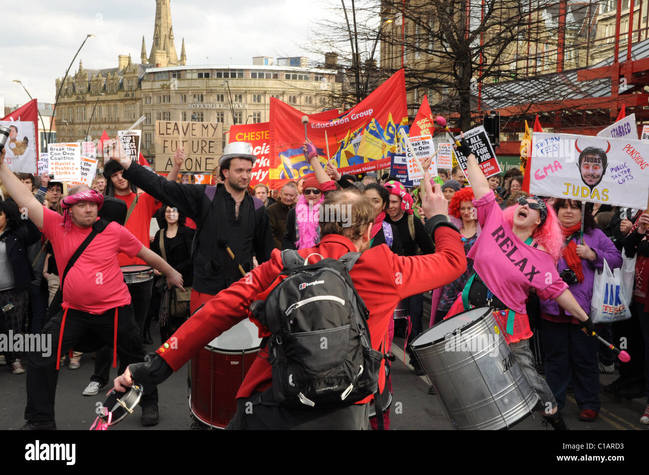 a samba band playing outside sheffield city hall at the rage against the lib dems protest Stock Photo