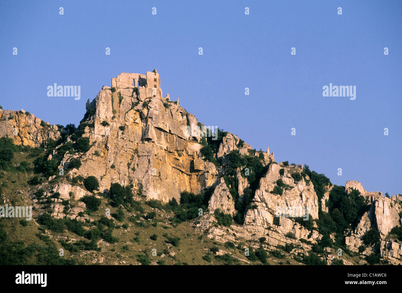 France, Ardeche, ruins of the Crussol castle in the middlle Rhone valley Stock Photo