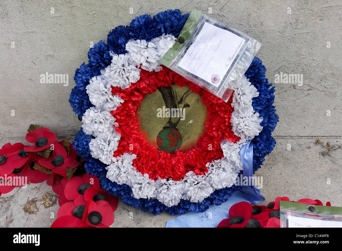 Red,White and Blue wreath, placed as an act of remembrance at the base of the Sloane Square War