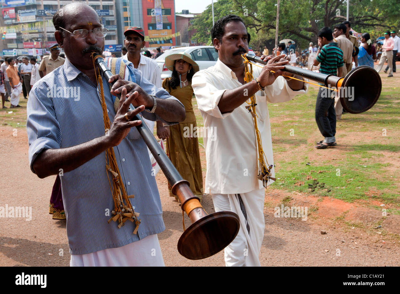 Local musicians taking part to the celebration of the festival, Thrissur Pooram festival, Thrissur, Kerala, India, Asia Stock Photo