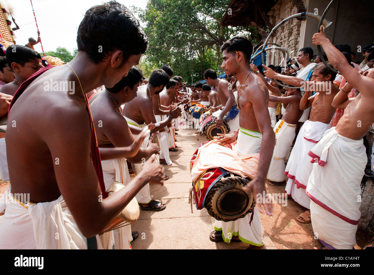 Typical Chenda Melam musical performance in the courtyard of a temple, Thrissur Pooram festival, Thrissur, Kerala, India, Asia Stock Photo