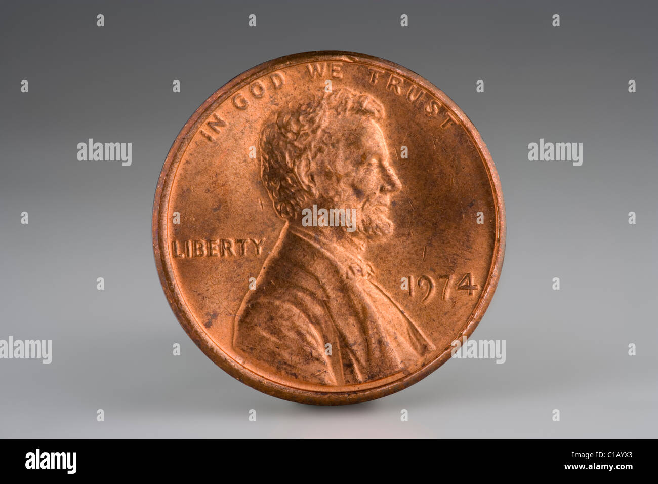 US 1 cent copper penny from 1974. Pennies made prior to 1983 had a much higher copper content and as a result of rising metals Stock Photo