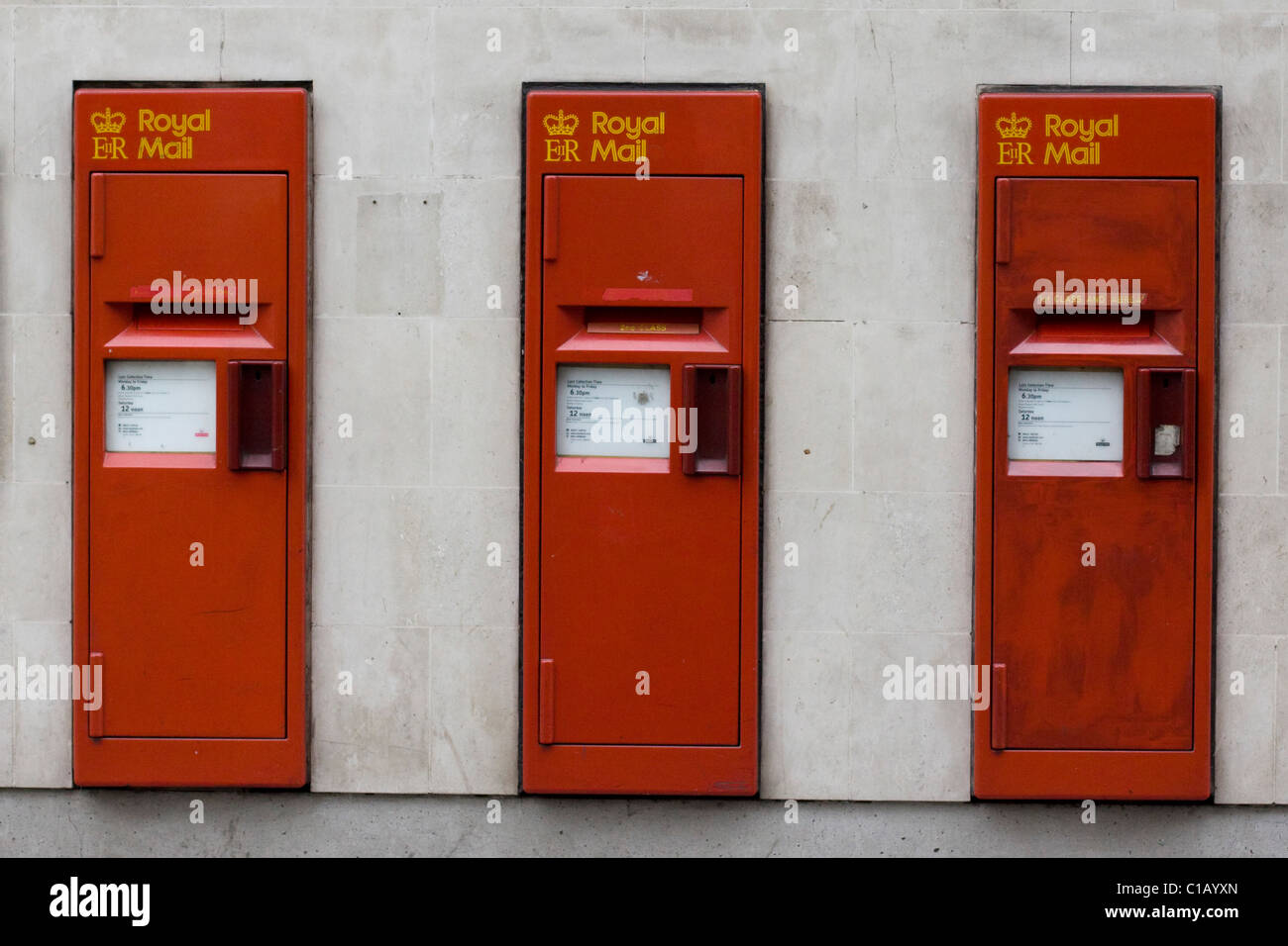 Royal mail post boxes on Leicester Square in the city of London England