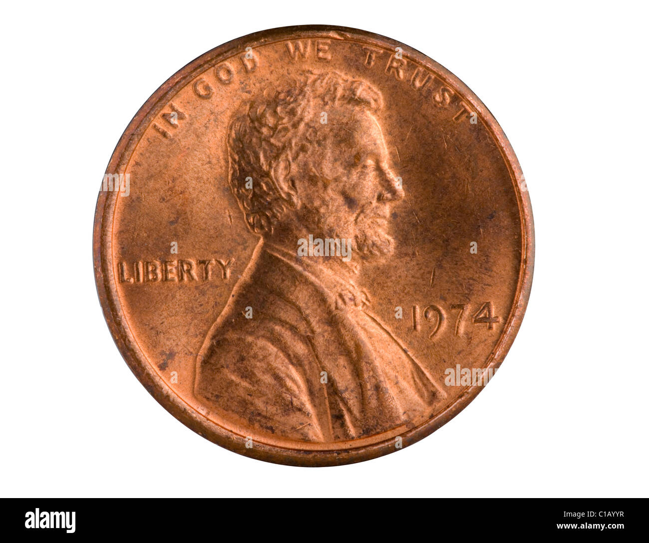 US 1 cent copper penny from 1974. Pennies made prior to 1983 had a much higher copper content and as a result of rising metals Stock Photo