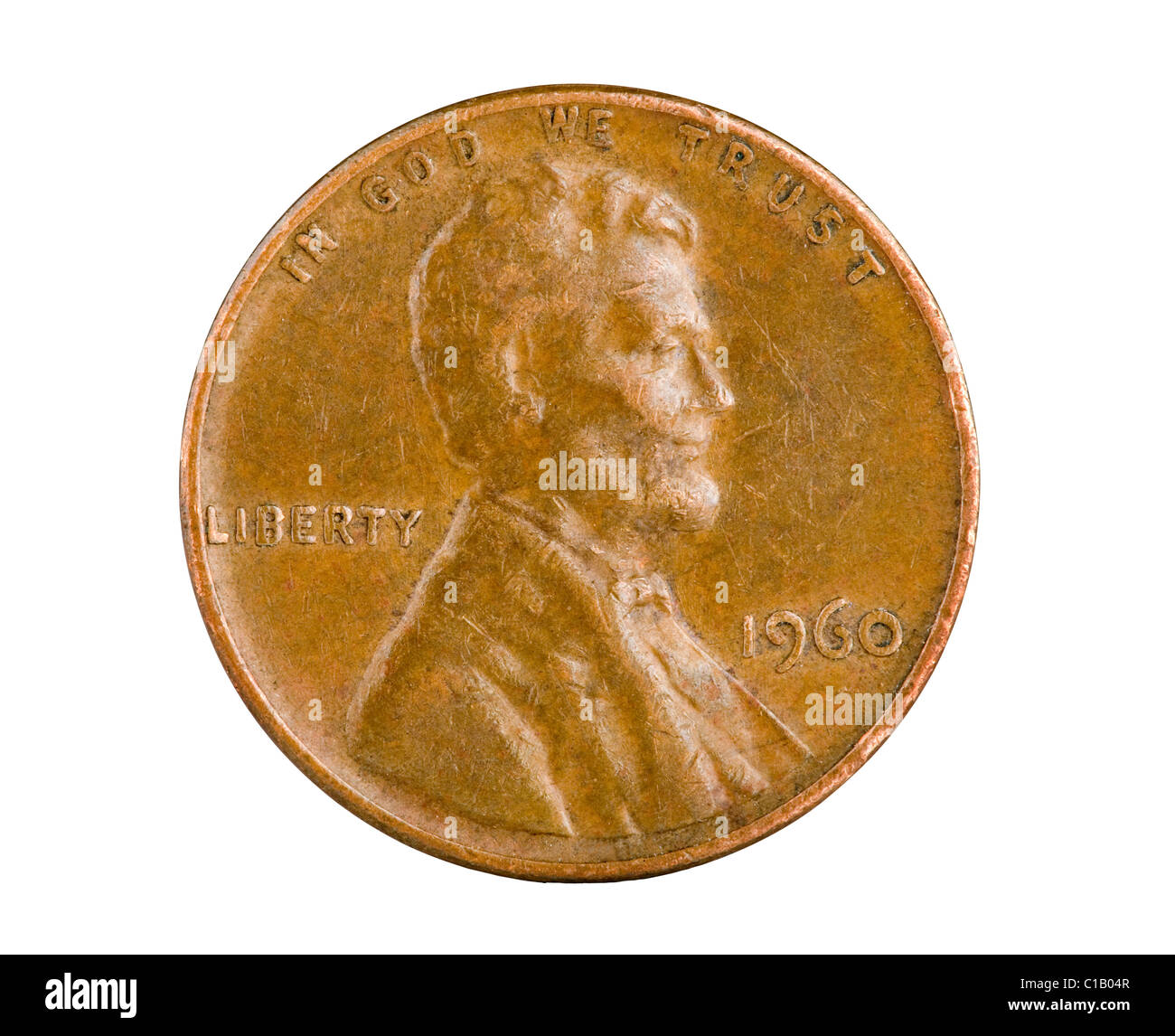 US 1 cent copper penny from 1960. Pennies made prior to 1983 had a much higher copper content and as a result of rising metals Stock Photo