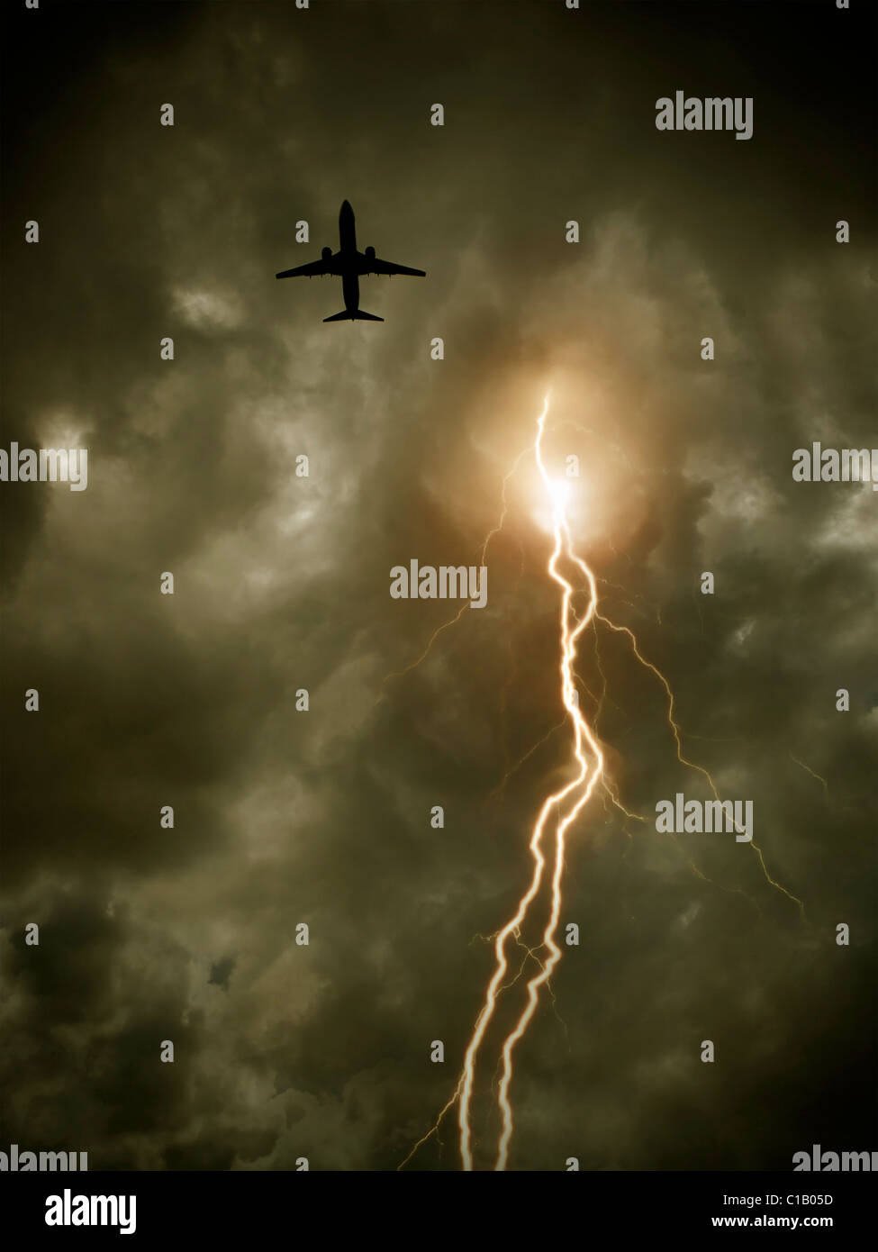 cloudy sky with lightning and plane Stock Photo