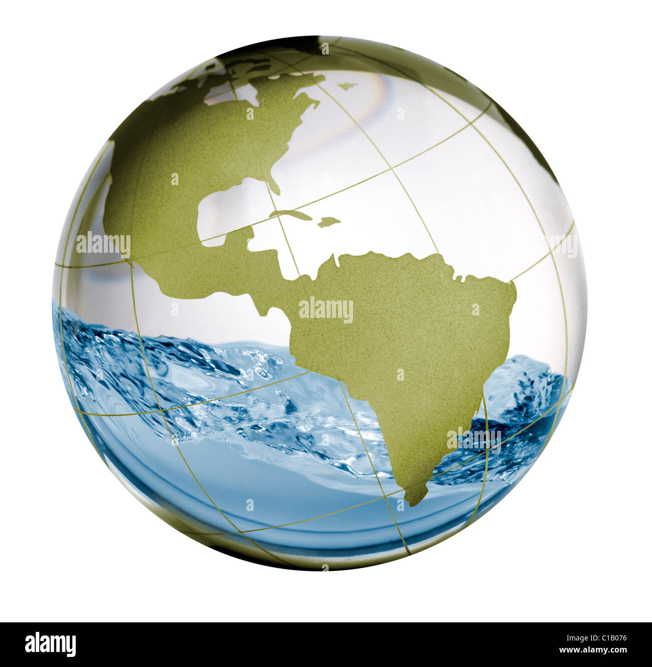 A glass globe with water sloshing around inside in a concept image for fresh water issues such as supply, drought, flooding, etc Stock Photo