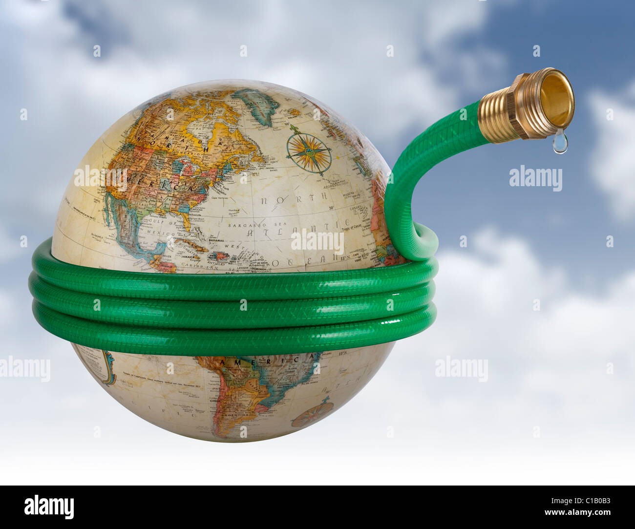 A hose wrapped around a globe in a Global Water Issues concept image. Stock Photo