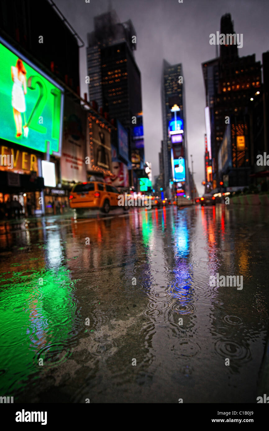 summer rain on Time Square, New York City Stock Photo
