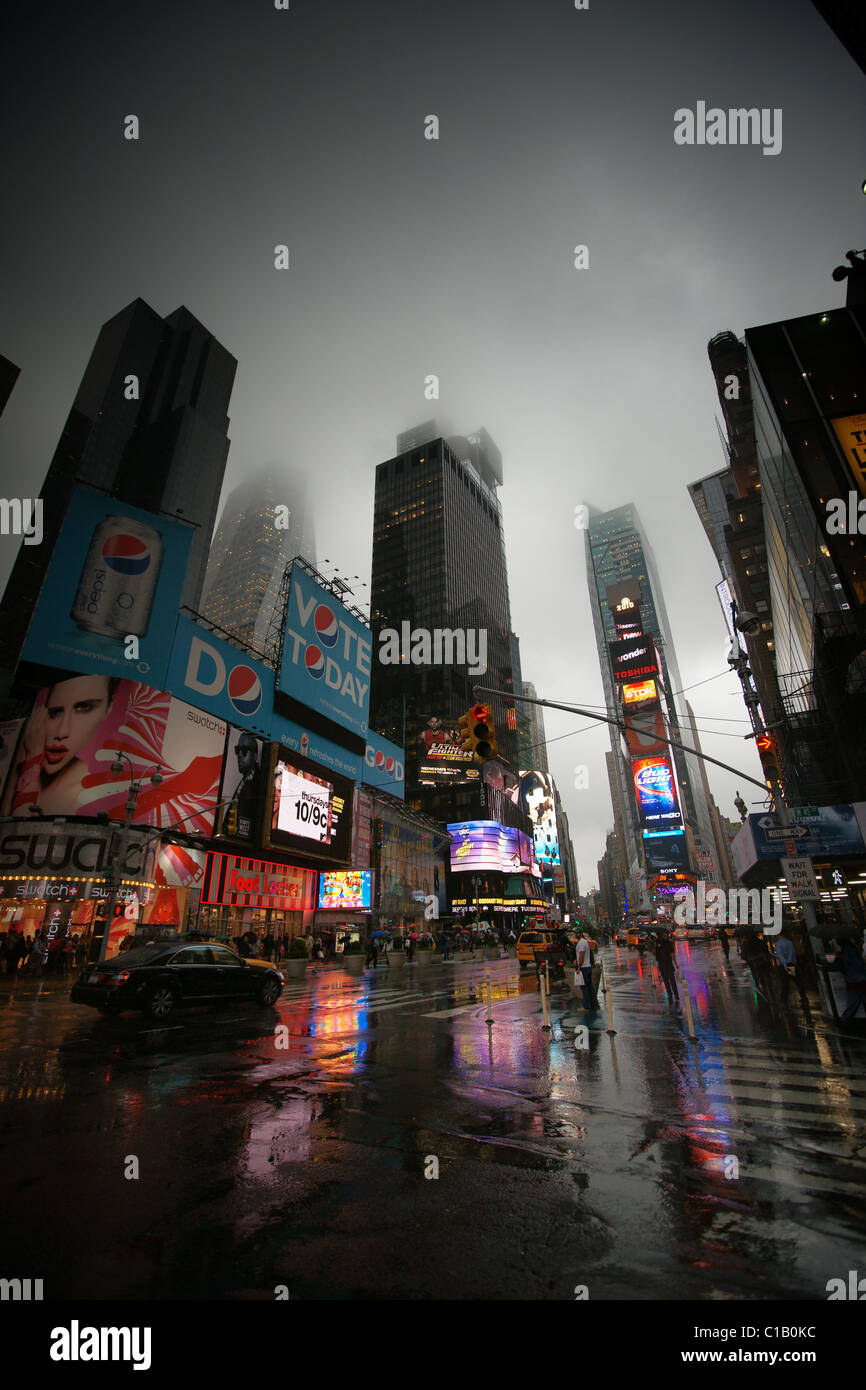 summer rain on Time Square, New York City Stock Photo