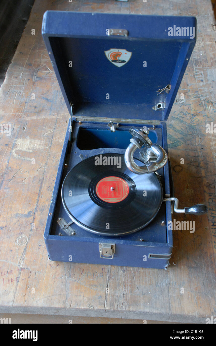 antiquarian gramophone with vinyl in nice blue box Stock Photo