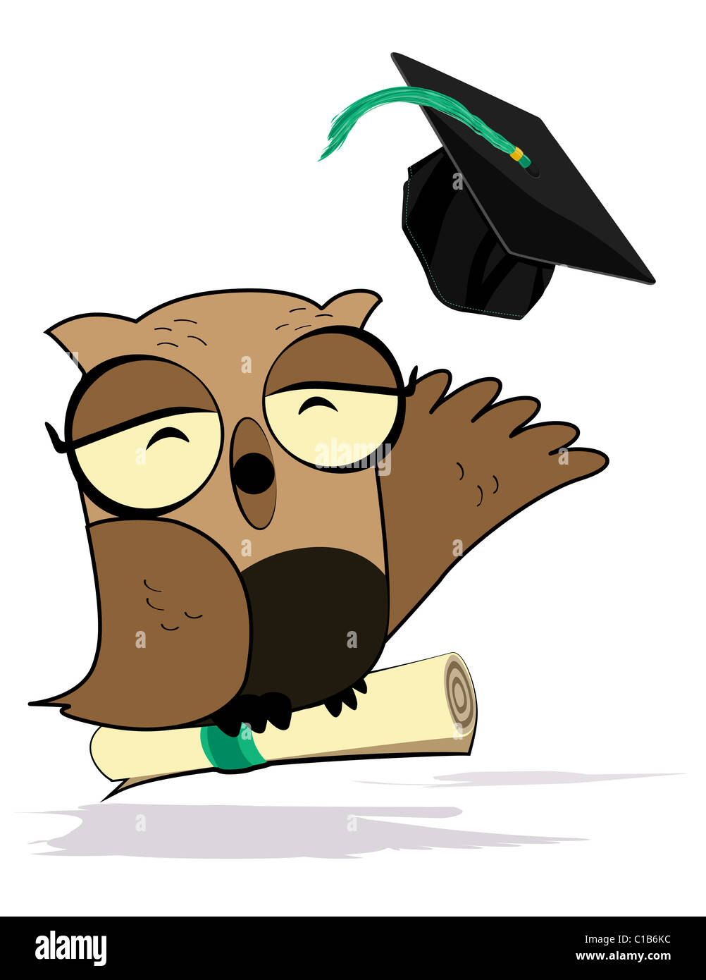 Wise Owl Holding Diploma is Throwing up a Cap Stock Photo