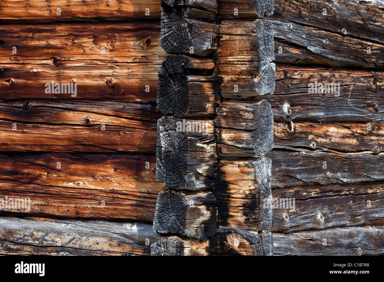 Detail of log cabin corner joint at Fatmomakke, Lapland, Sweden Stock
