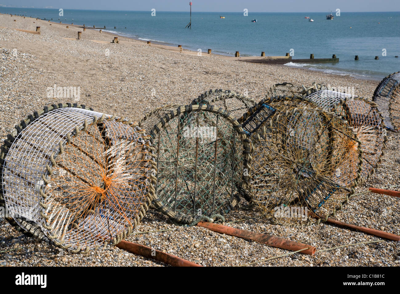 Cuttle Fish Pots at Selsey, West Sussex Stock Photo