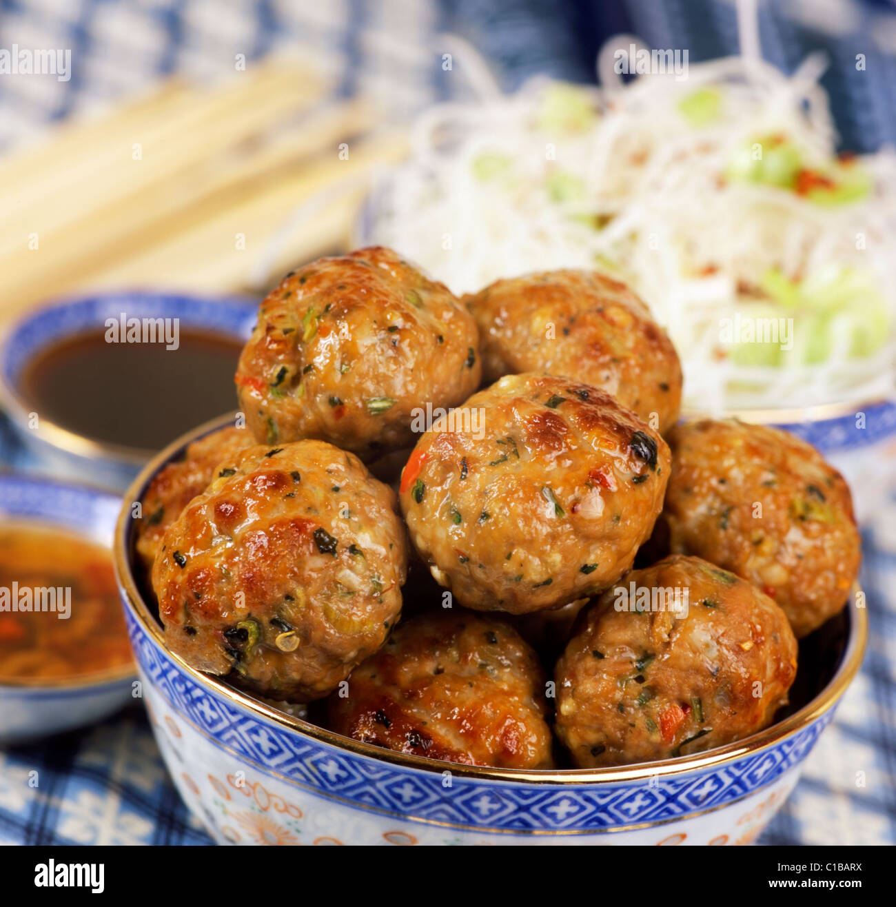 Thai pork balls with dipping sauces & noodles Stock Photo Alamy