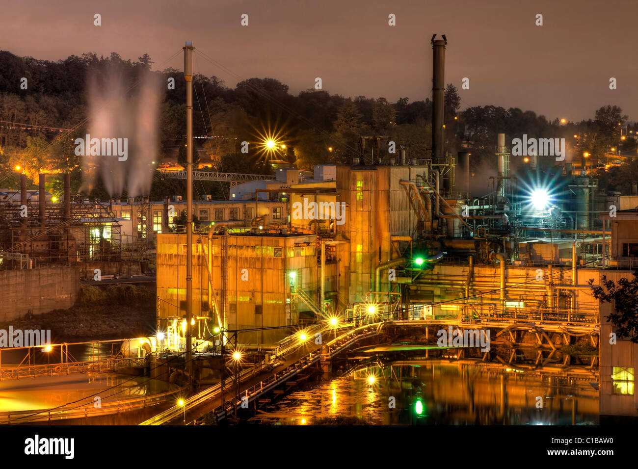 Oregon City Electricity Power Plant on Willamette River at Night Stock