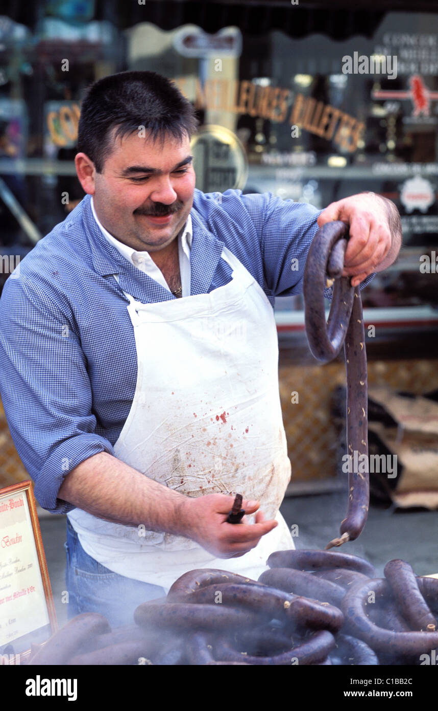 France, Sarthe, a pork butcher doing his blood pudding Stock Photo Alamy