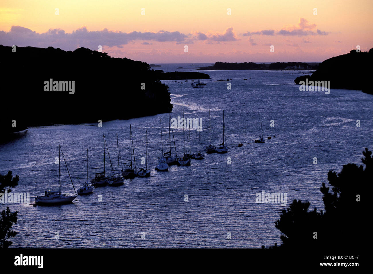 France, Finistere, Aber Wrac'h (loch), anchorage of sailboats Stock Photo