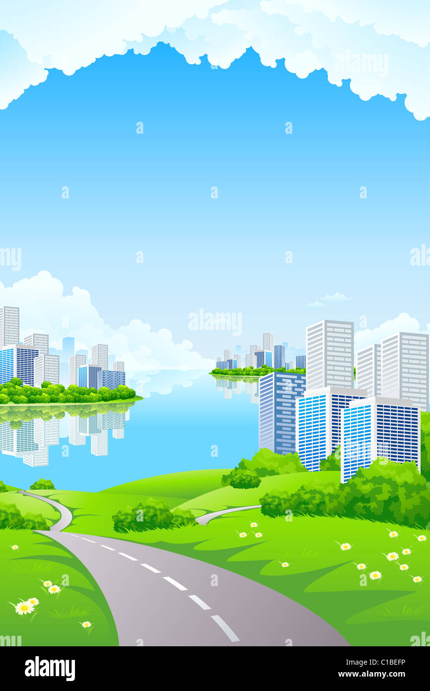 Green Landscape with City water and clouds Stock Photo - Alamy