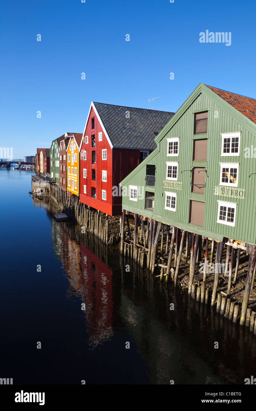 Picturesque old fishing warehouses, Trondheim, Sor-Trondelag, Norway Stock Photo