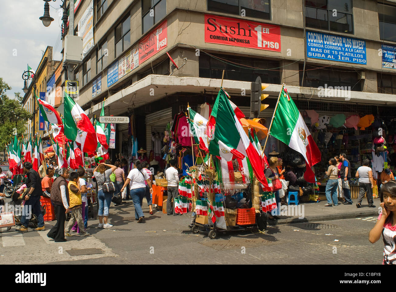 The green, white and red Mexican national flag is on display and for sale throughout the country  before Sept 15th celebration. Stock Photo