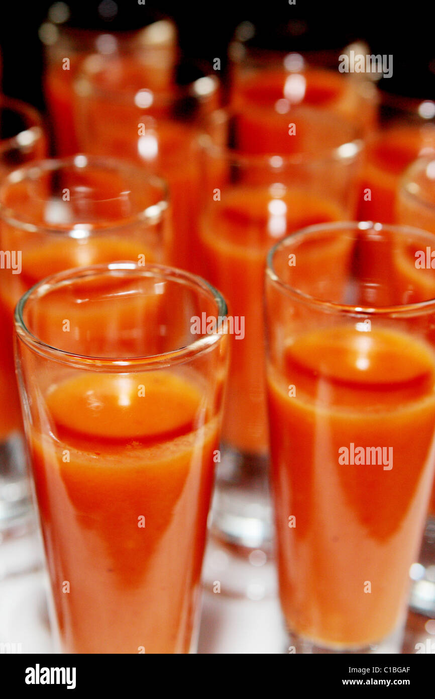 BLOODY MATY DRINK GLASS HIGH FLUTE COCKTAIL ALCOHOL JUICE TOMATO DRINKING PARTY EVENT DRINKS Stock Photo
