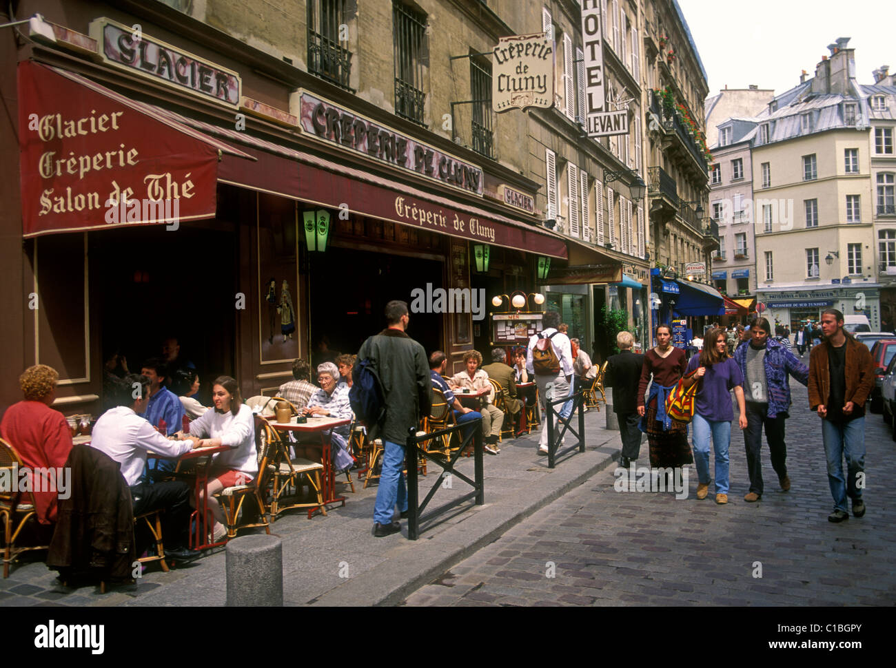 people, tourists, eating, Creperie de Cluny, French restaurant, French food and drink, food and drink, Saint-Michel, Paris, Ile-de-France, France Stock Photo
