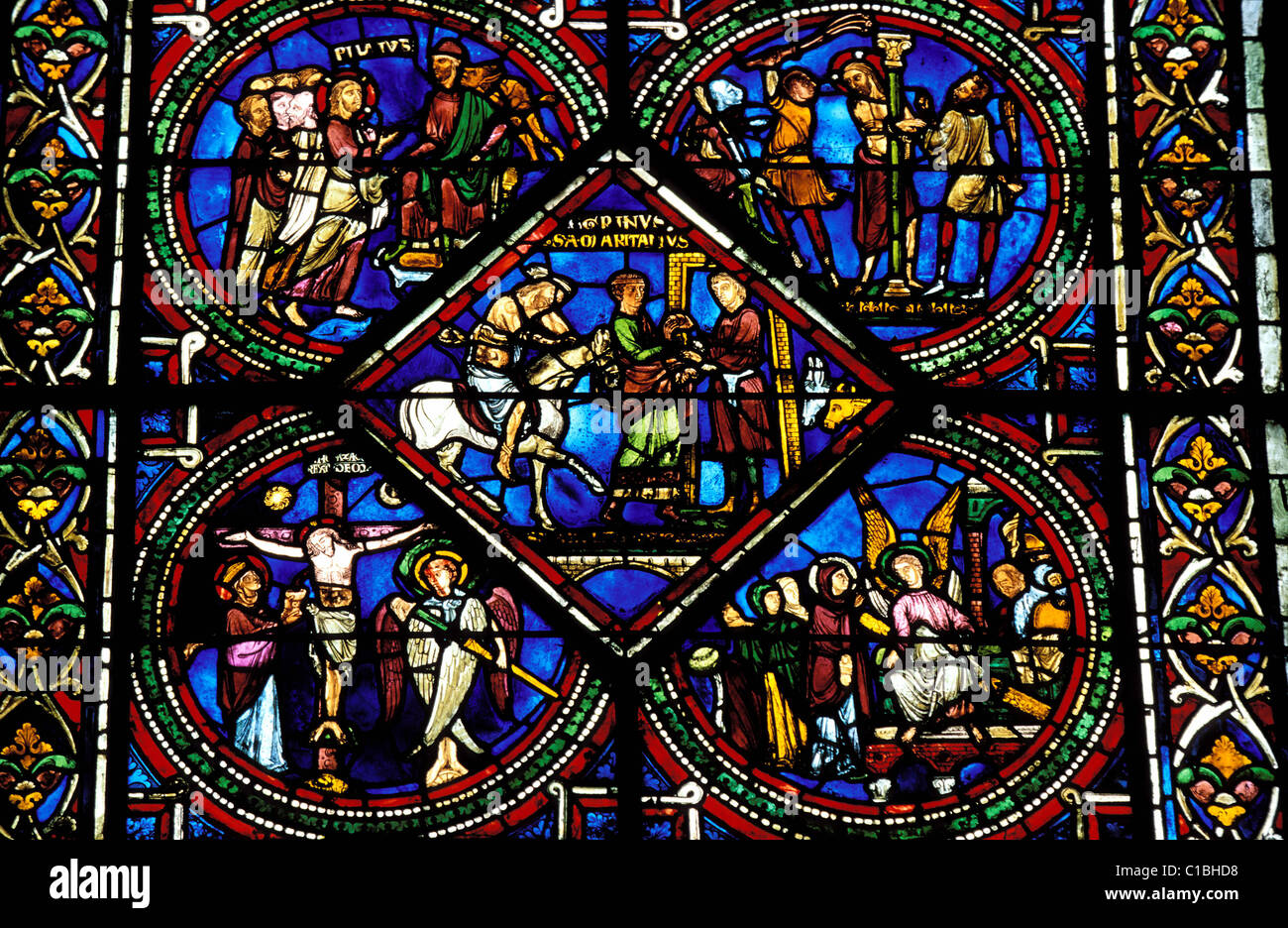France, Yonne, Sens, Saint Etienne cathedral, stained glass window evocating the good Samaritan (end of 12th c) Stock Photo