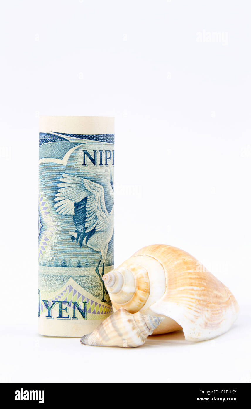 Yen, the currency of Japan, sits next to shells to depict sea and land connection. Stock Photo