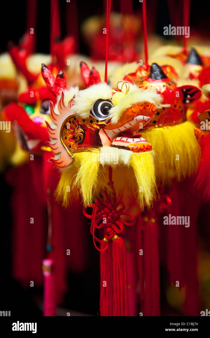 Chinese New Year decorations for sale at the Temple Street night markets.  Chinatown, Singapore Stock Photo