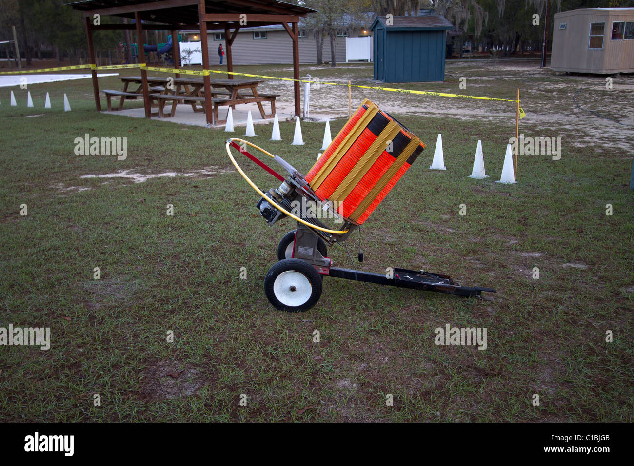 A loaded trap thrower awaits shooters. Stock Photo