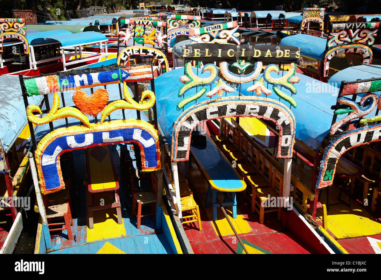 Colored Barges In Xochimilco Canals Mexico City Mexico Stock Photo