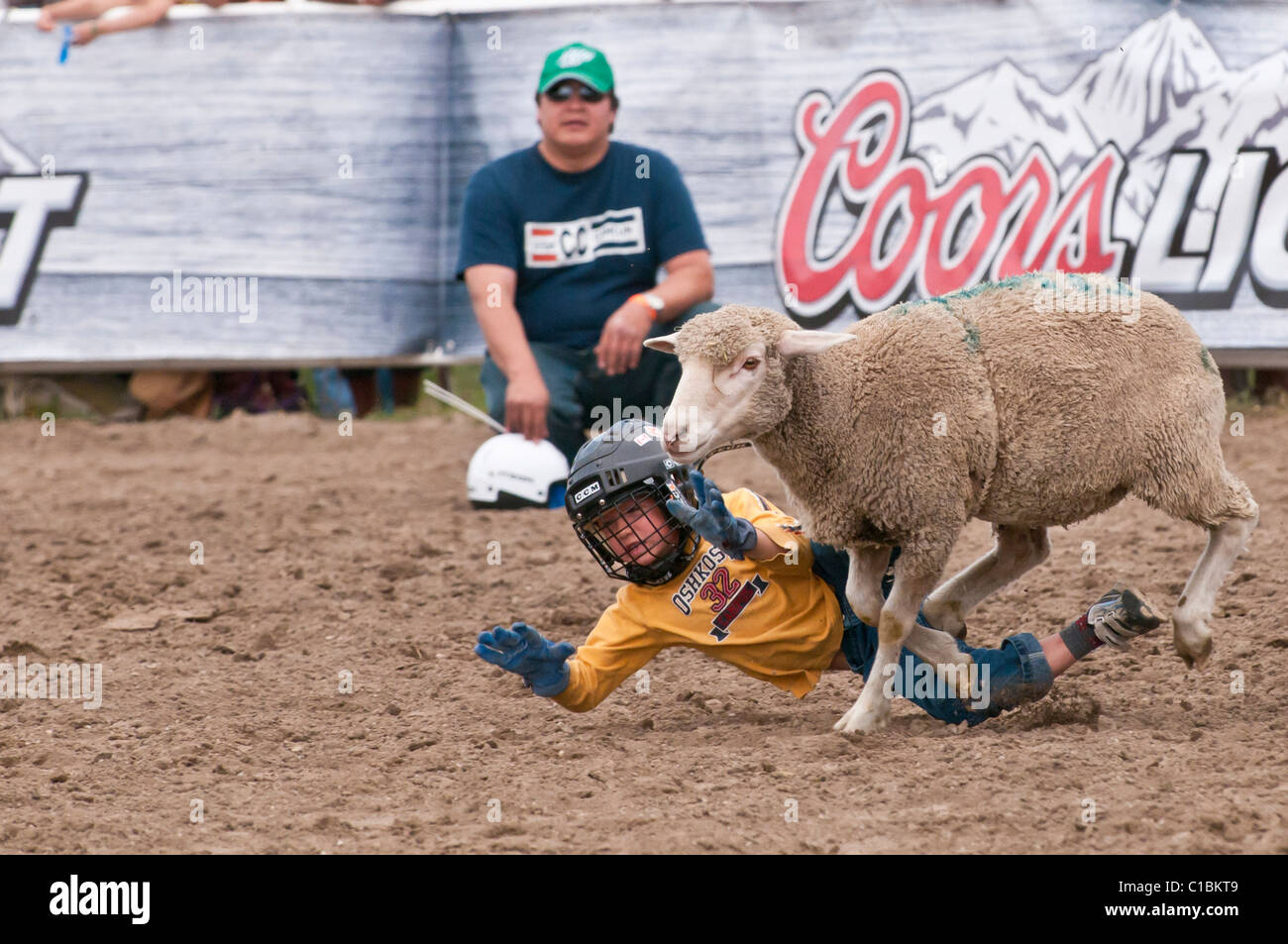 Mutton busting event, children riding sheep, Strathmore Heritage Days