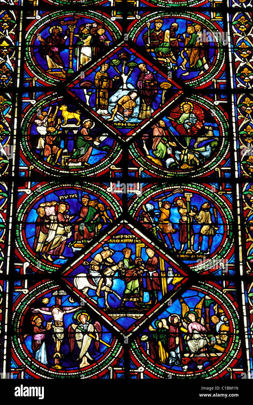 France, Yonne, Sens, Saint Etienne cathedral, stained glass window evocating the good Samaritan (end of 12th century) Stock Photo
