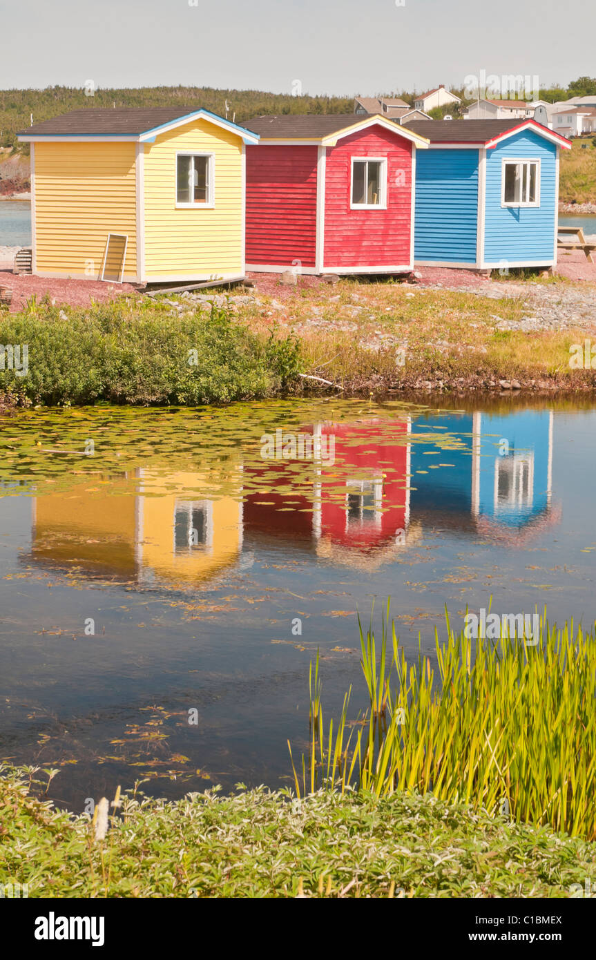 Colorful beach huts reflected in a pond, Cavendish, Trinity Bay, Avalon