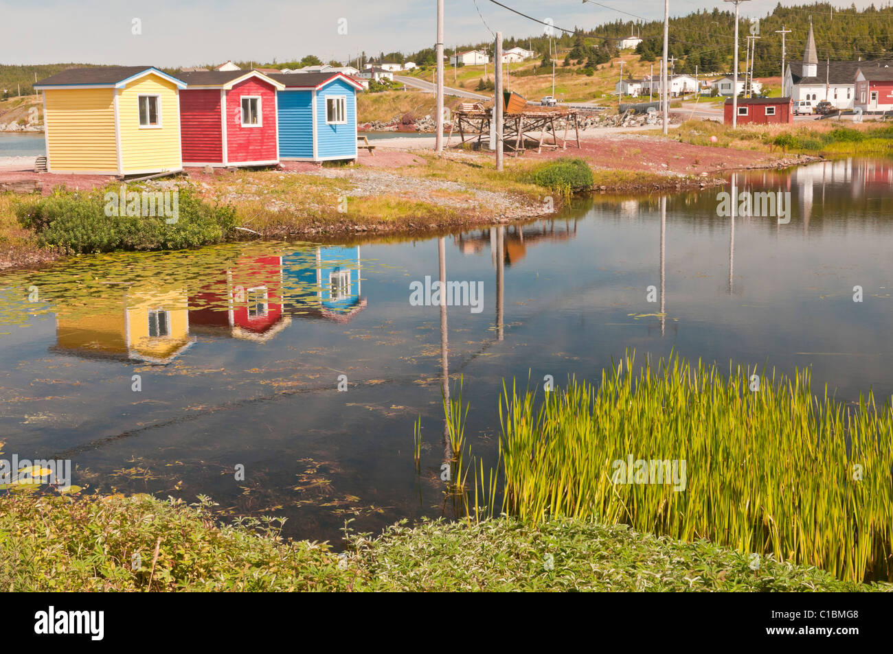 Colorful beach huts reflected in a pond, Cavendish, Trinity Bay, Avalon