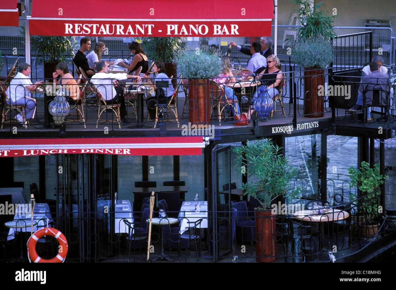 France, Paris, riverboat restaurant mooring on the Seine river Stock Photo