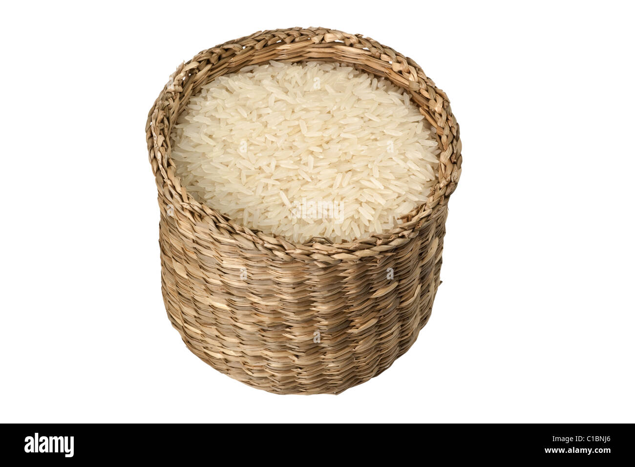 Basket of rice isolated on white background Stock Photo