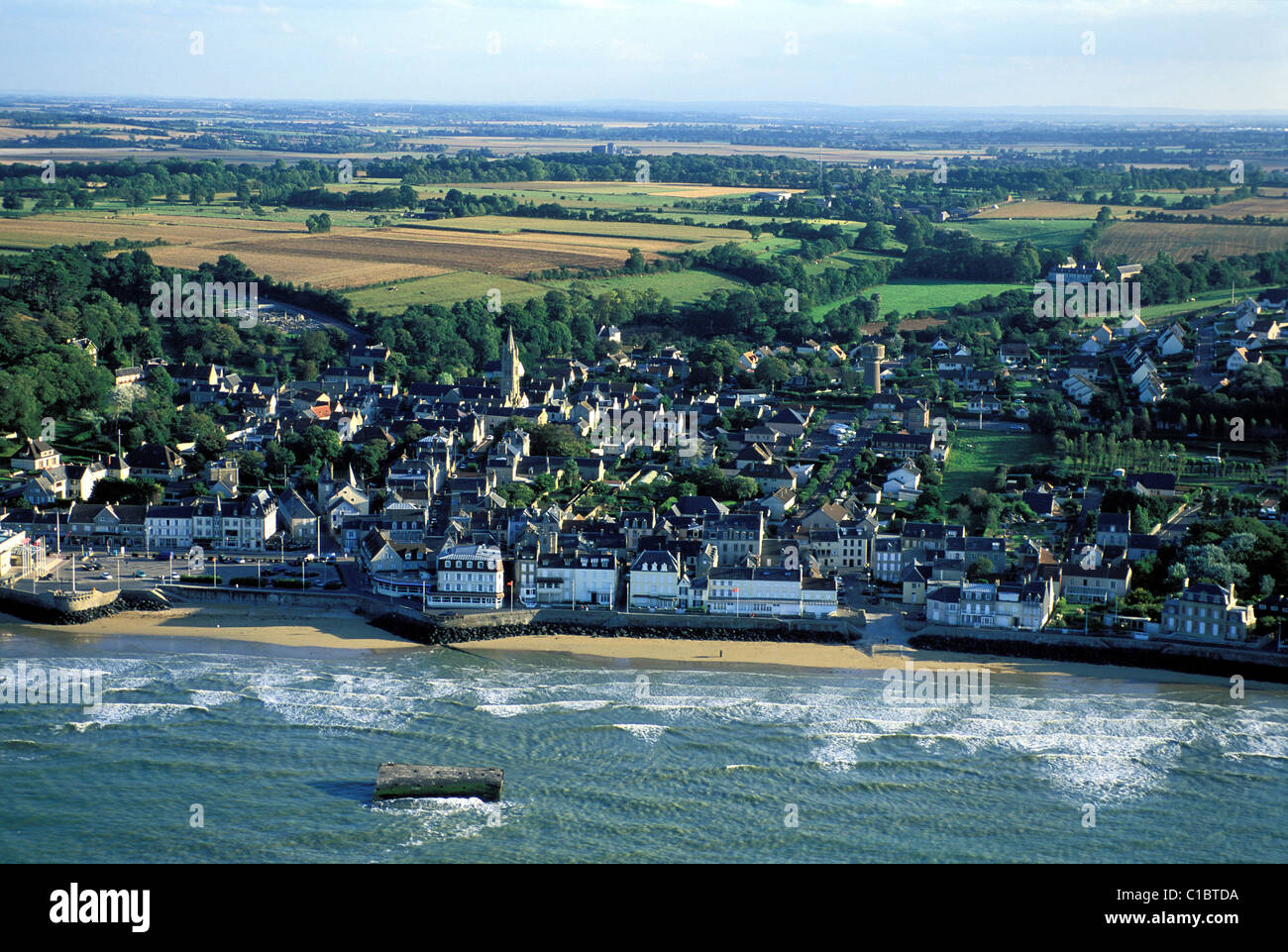 France, Calvados, Arromanches les Bains, harbour of the Normandy landings (aerial view) Stock Photo