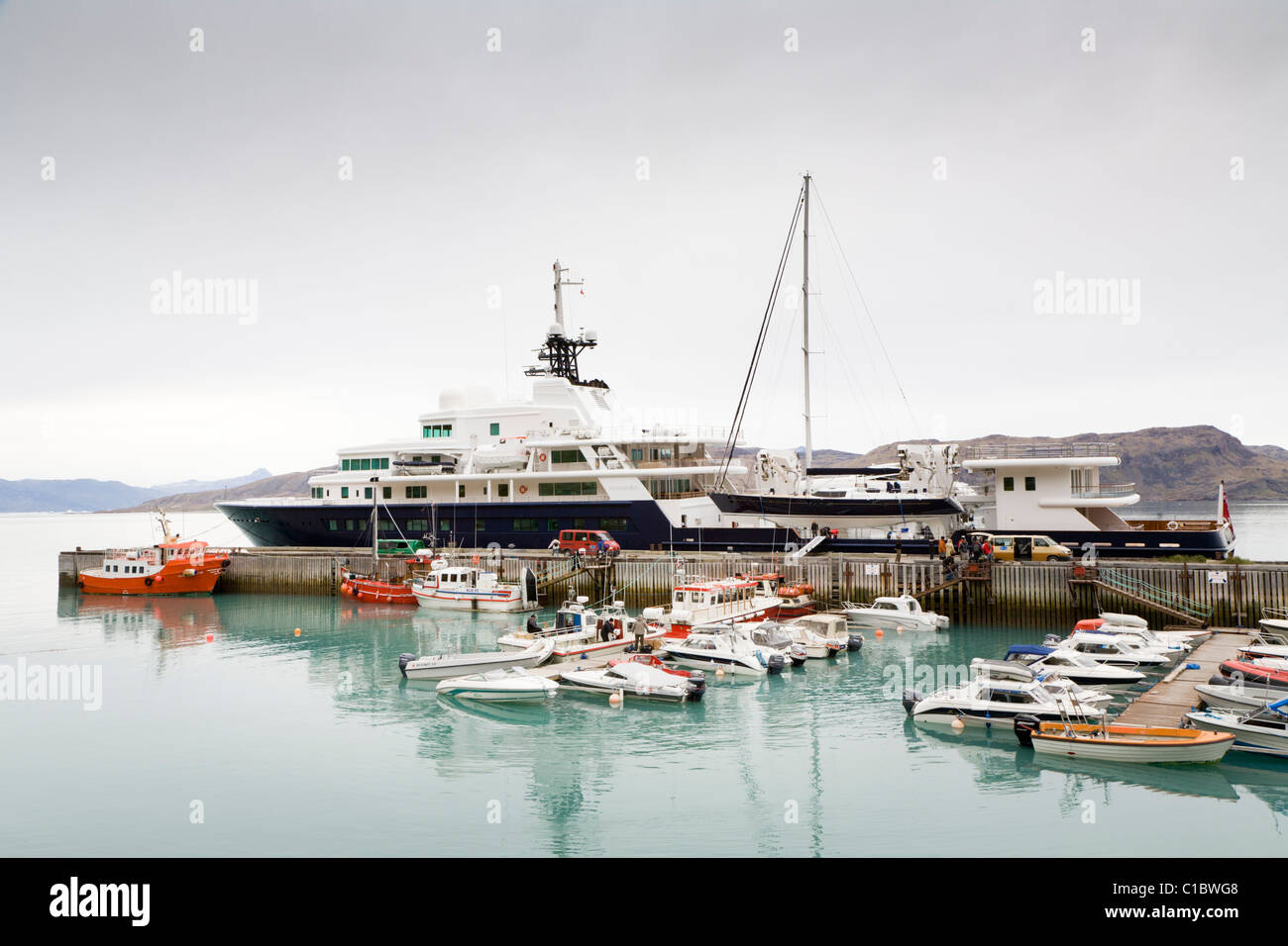 Luxury private yacht Le Grand Bleu at the harbour in Narsarsuaq, South Greenland Stock Photo