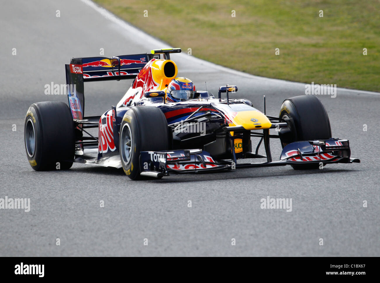 Mark Webber driving for Red Bull Racing 2011 Formula One team at Barcelona Test February 2011 Stock Photo